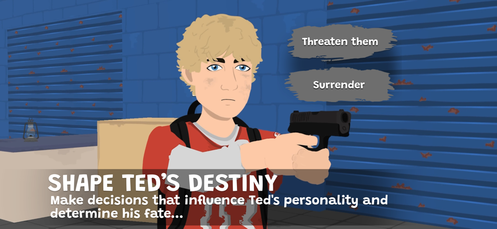 銃を持ったキャラクターのテッド、ゲーム「Nocturnals」で脅迫するか降伏するかというゲームプレイの選択肢が表示されている