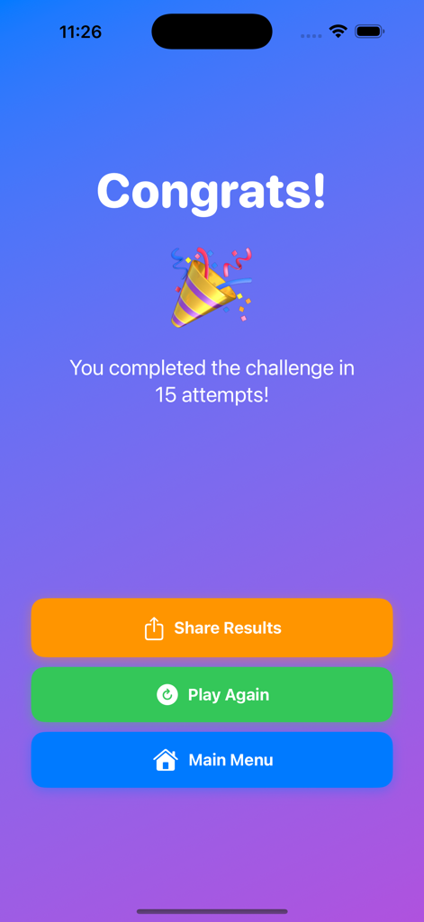 Pantalla de felicitaciones del Juego de Adivinar Mayor o Menor que muestra 15 intentos y botones de acción