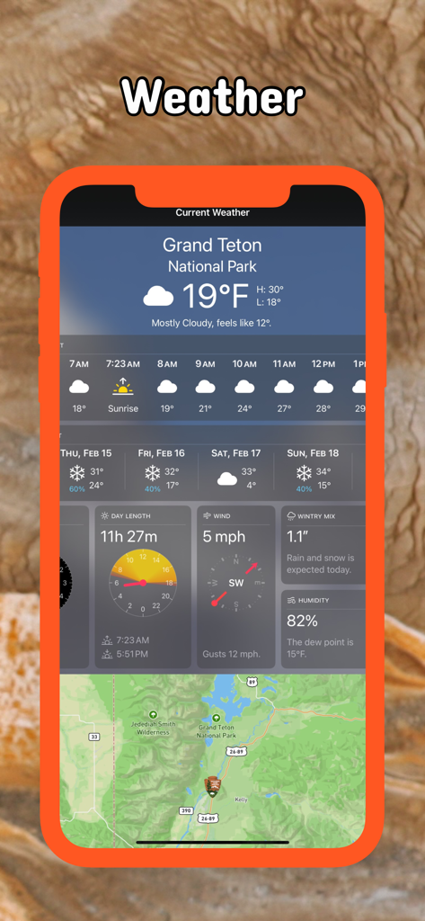 Detailed weather forecast and park map for Grand Teton National Park within the Wyoming Pocket Maps app.