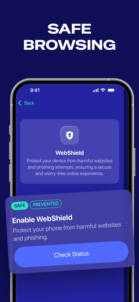 Apex app interface showing WebShield feature for safe browsing and phishing protection on iPhone