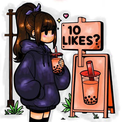 girl with oversized hoodie drinking boba and she has a high ponytail with a sign that says 10likes?