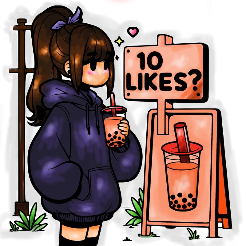 girl with oversized hoodie drinking boba and she has a high ponytail with a sign that says 10likes?