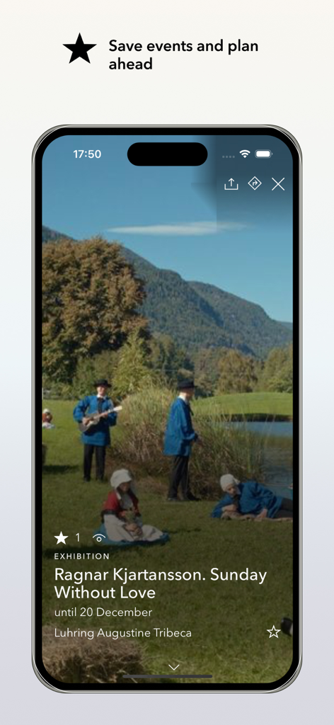 ArtRabbit - ArtRabbit app display showing details for an art exhibition and the option to save events.