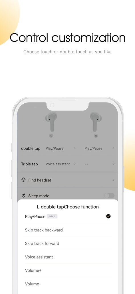 QCY app interface showing touch control customization options for wireless earbuds.