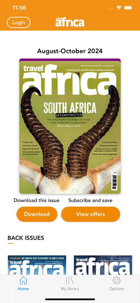 Travel Africa Magazine - Interface of the Travel Africa Magazine app displaying the latest South Africa issue and subscription options.