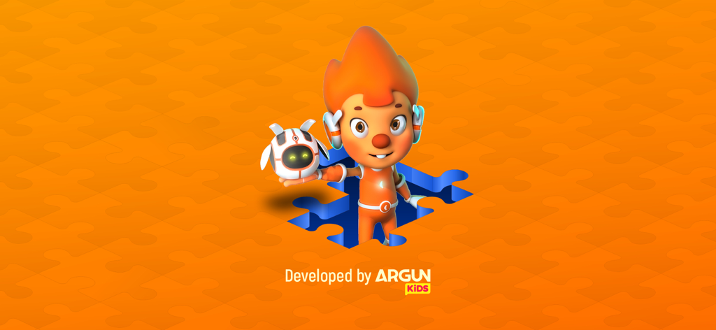 Orange cartoon character holding a white robot companion on a puzzle background in Gremix AR