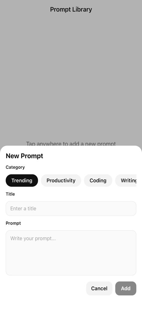 Prompt Engineering Library - New prompt creation screen with category selection and text input fields