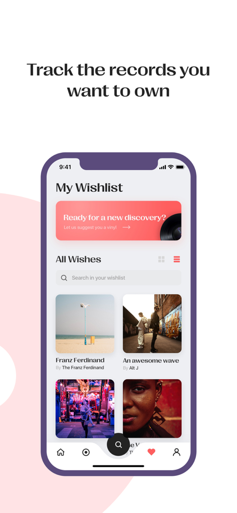 Vinyls: Manage your collection - Un'interfaccia di app mobile che mostra una lista dei desideri di dischi in vinile con copertine di album