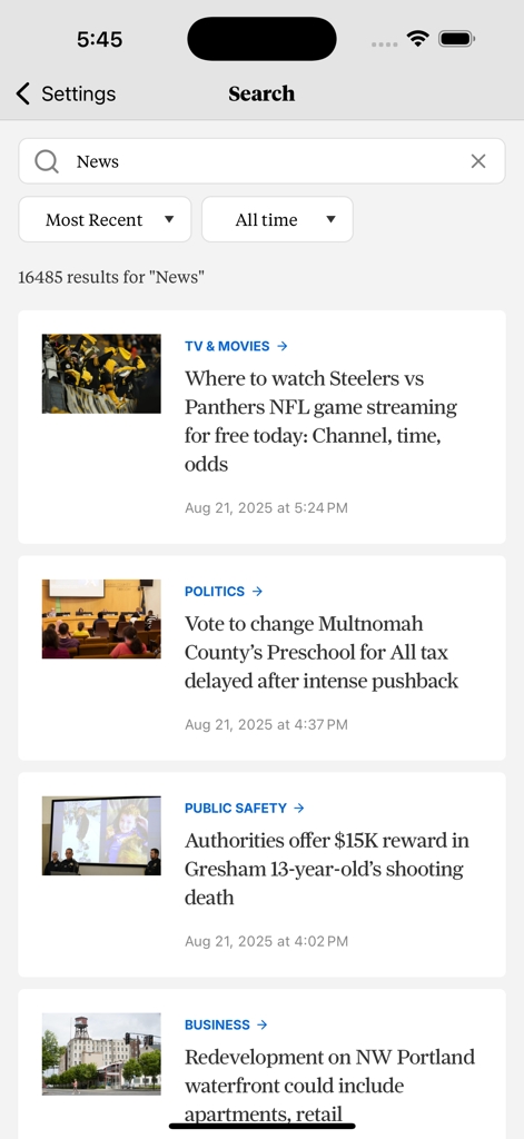 The Oregonian News - The Oregonian News app search interface displaying local headlines for Portland and surrounding areas