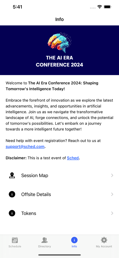 Sched mobile app info screen for a 2024 AI conference showing event details and session map links