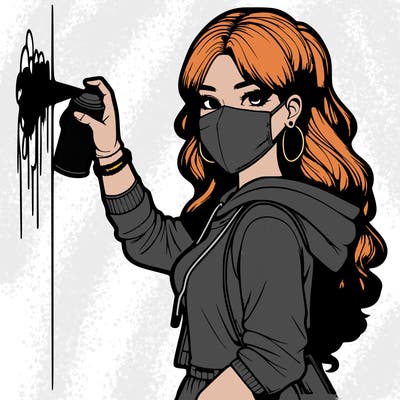 realistic girl with mask spray painting a wall