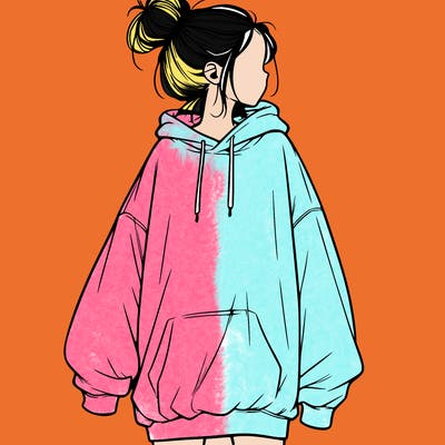 realistic girl with a oversized sweatshirt on and a bun