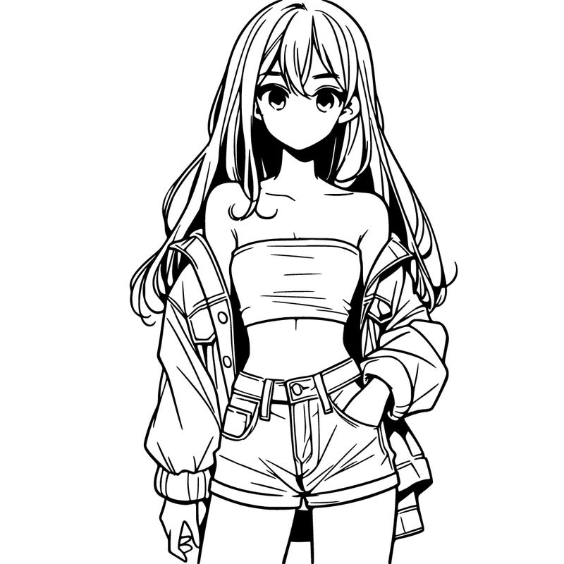 manga teenage girl, with long hair, tube top, off the shoulder jacket, and jean shorts