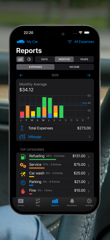 Car Maintenance Tracker - MPG - Uma tela de aplicativo móvel mostrando relatórios mensais de despesas de carro com um gráfico de barras e um detalhamento de categorias como reabastecimento e serviço.