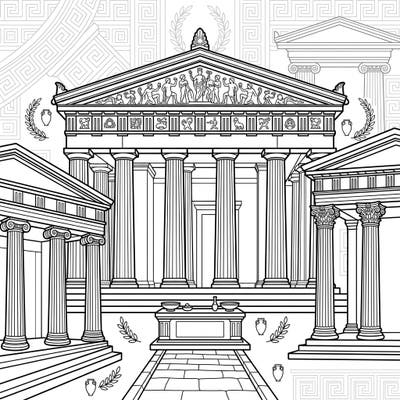Immerse yourself in the grandeur of ancient architecture with this captivating coloring page featuring majestic Greek temples. Explore intricate columns, pediments, and altars, ready for your creative touch.