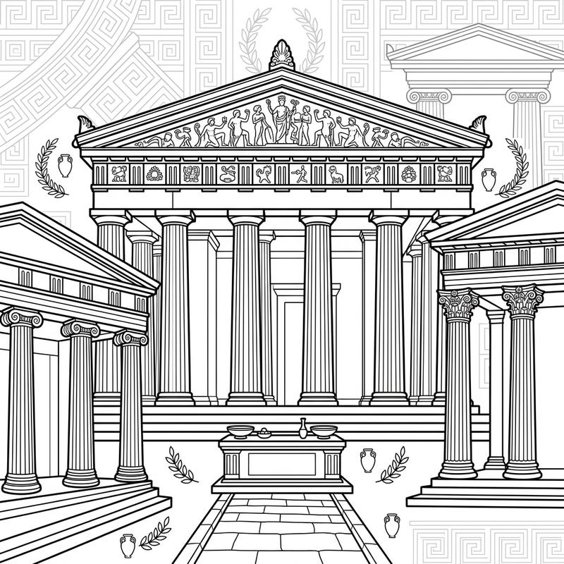Immerse yourself in the grandeur of ancient architecture with this captivating coloring page featuring majestic Greek temples. Explore intricate columns, pediments, and altars, ready for your creative touch.