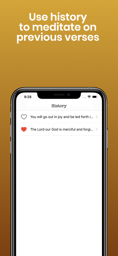 History screen of the Bible verses app listing previous verses for meditation