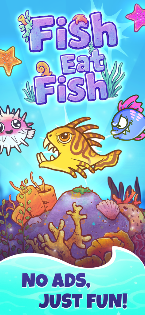 Fish Eat Fish: Go Feed to Grow - Tela de título do jogo Fish Eat Fish com peixes de desenho animado coloridos e sem anúncios