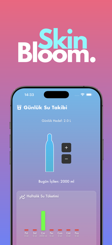 SkinBloom - Yüz Yogası - Pantalla de la aplicación SkinBloom para el seguimiento de la ingesta diaria de agua y el resumen semanal de hidratación