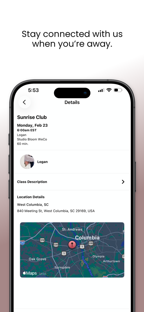 Tribe Yoga & Wellness - Tribe Yoga and Wellness app screen showing yoga class details and location map