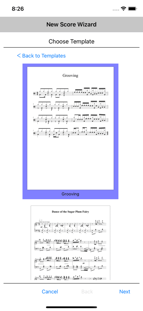 Crescendo Music - Oberfläche der Crescendo Music App, die Vorlagen für die Notationserstellung anzeigt.