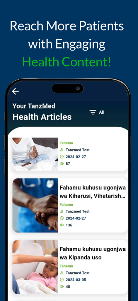 A smartphone screen displaying a list of health articles on the TanzMED Business app with the headline Reach More Patients with Engaging Health Content.