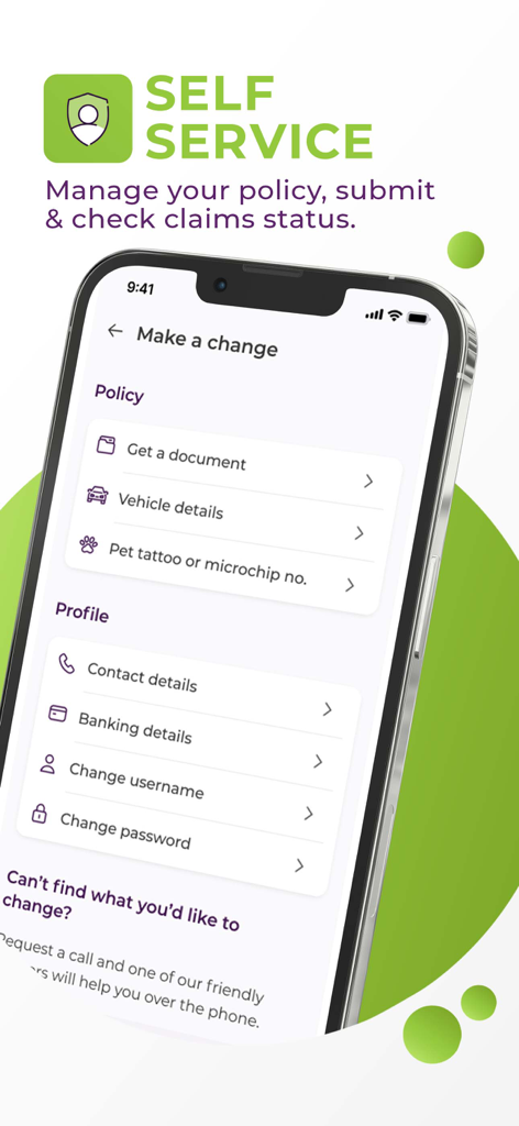 Smartphone screen showing the self-service menu for managing insurance policies and user profiles in the OUTsurance app.