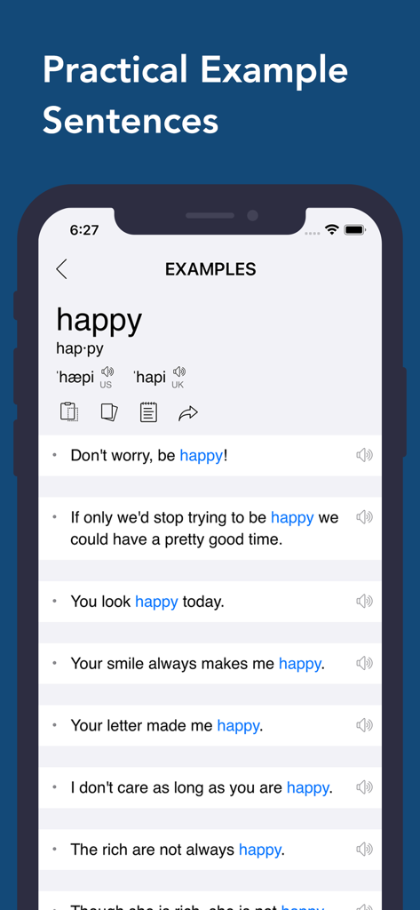 Dictionary & Translator - モバイルアプリのインターフェイスに、happyという単語の文脈例と発音が表示されています
