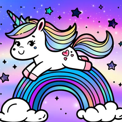 unicorn floating on a rainbow