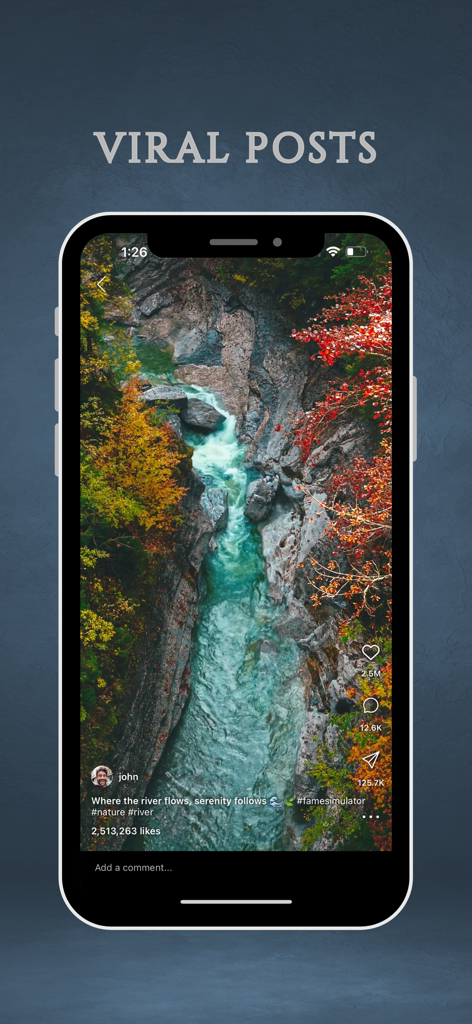 Fame Simulator - Captura de pantalla de la aplicación Fame Simulator que muestra una publicación viral en redes sociales con millones de me gusta