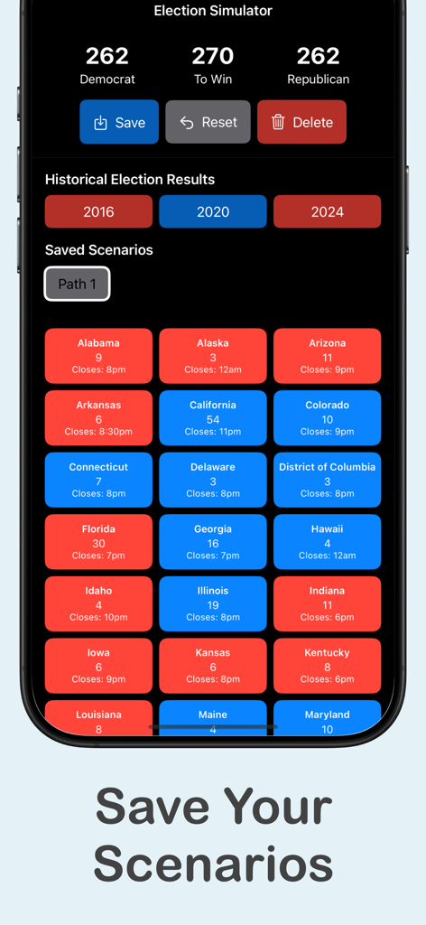 VoteMapper Election Simulator - VoteMapper app interface showing a grid of US states with electoral votes and buttons to save custom election scenarios.
