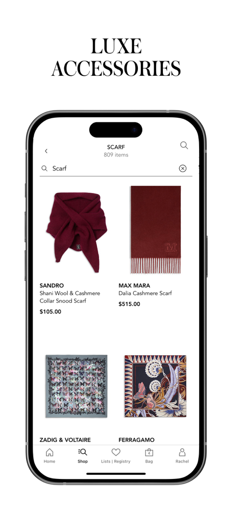 Bloomingdale's app interface showing a curated selection of designer scarves and luxe accessories.