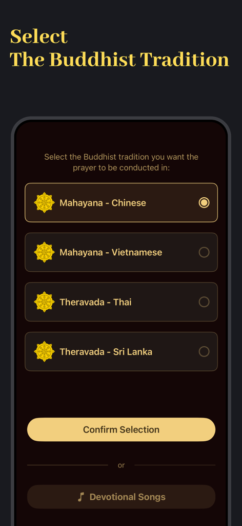 Buddhist Prayer - ePrayer - A mobile app interface for selecting Buddhist prayer traditions like Mahayana and Theravada.
