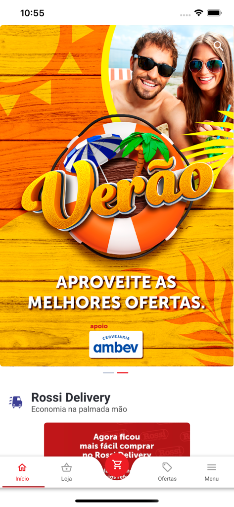 Rossi Delivery - Supermercado - Rossi Delivery mobile app home screen displaying summer grocery deals and navigation menu
