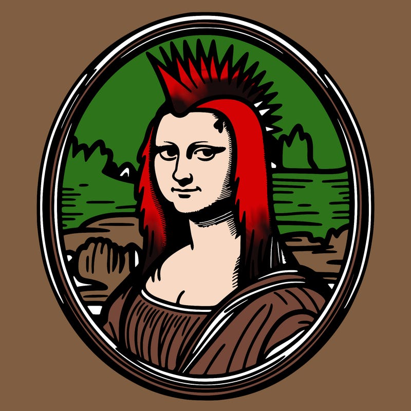 leonardo da vinci's "mona lisa" with punk hairstyle, realistic, thin borders