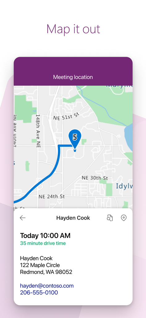 Power Apps - Microsoft Power Apps interface showing a map with a meeting location and contact details for a professional appointment