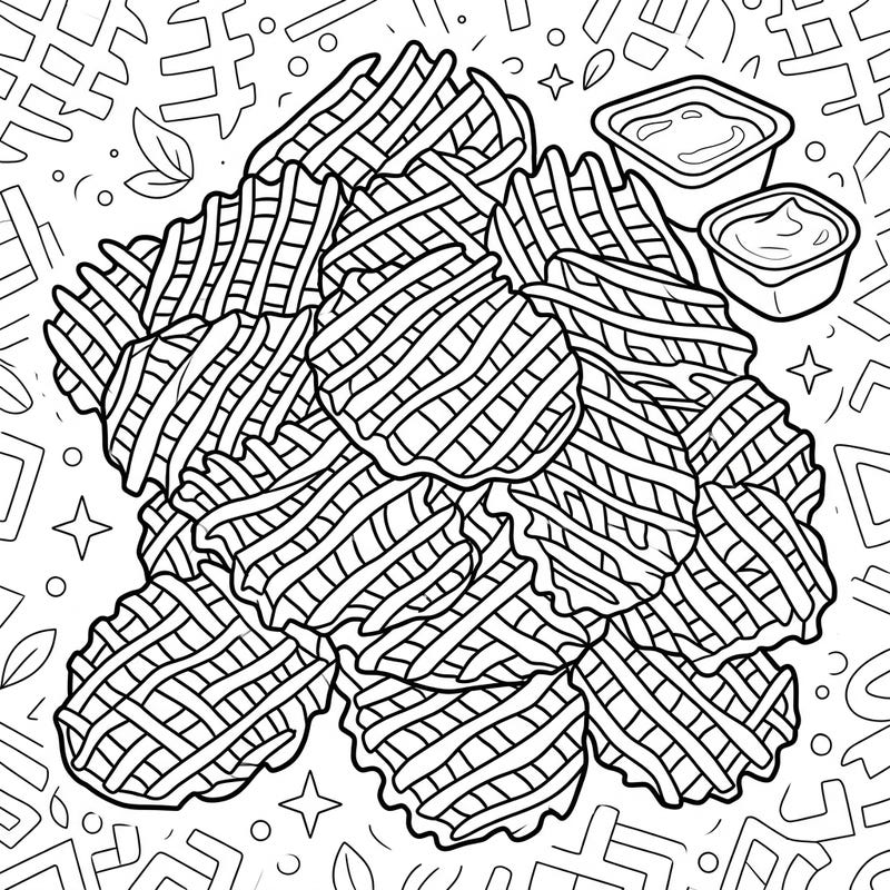 Dive into a deliciously fun coloring experience with this dynamic page featuring crispy waffle fries. Designed with intricate details and a cool abstract background, it's perfect for teens seeking a creative challenge.