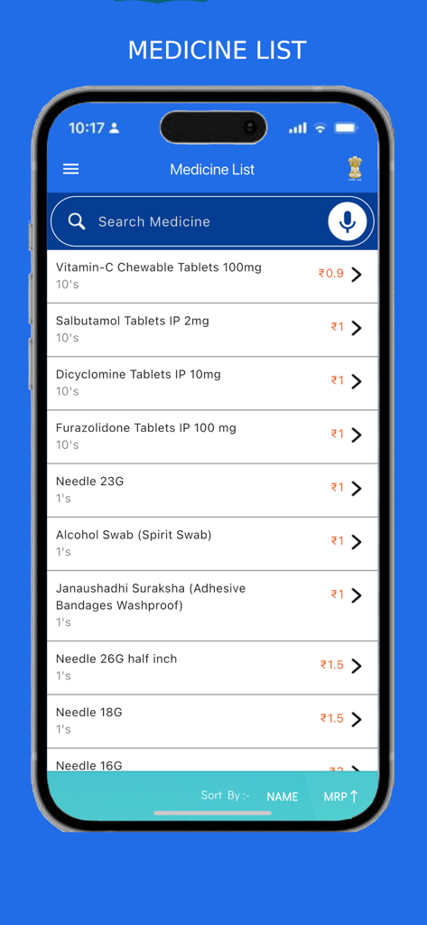 Jan Aushadhi Sugam (PMBI) - Medicine list interface of the Jan Aushadhi Sugam app showing generic medicine names and prices in Indian Rupees.