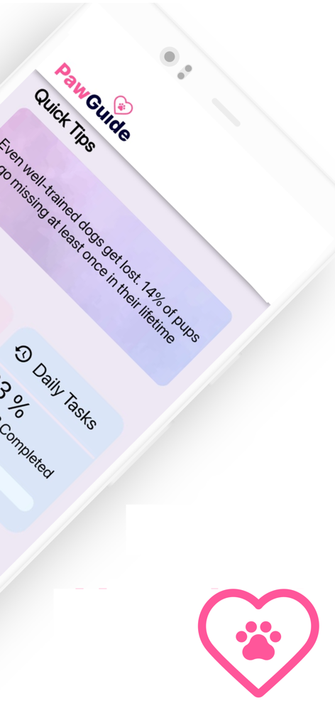 Paw Guide: Lost & Found Pets - Paw Guide app interface showing lost pet statistics and daily search tasks.