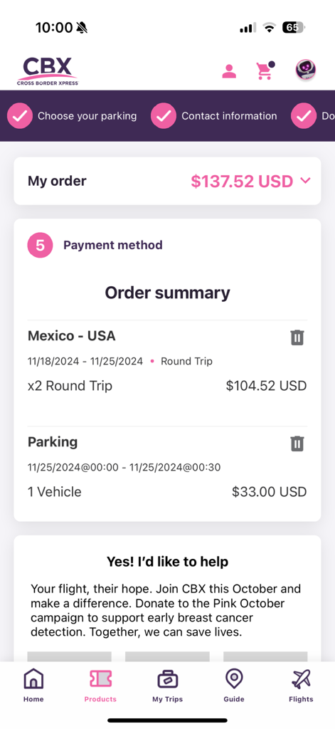 Cross Border Xpress - Pantalla de resumen del pedido de la aplicación Cross Border Xpress que muestra el resumen del pedido de boletos de cruce de puente de ida y vuelta y reserva de estacionamiento.