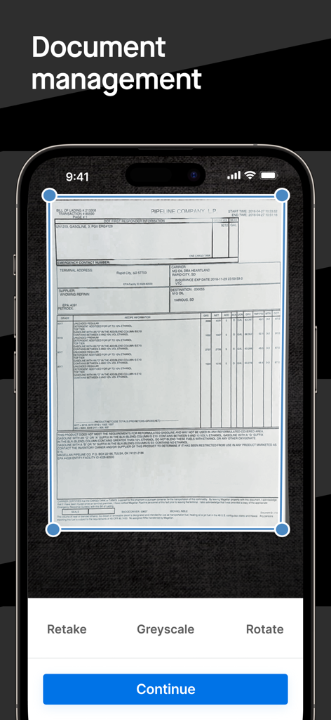Motive Driver app document management screen showing a bill of lading being scanned