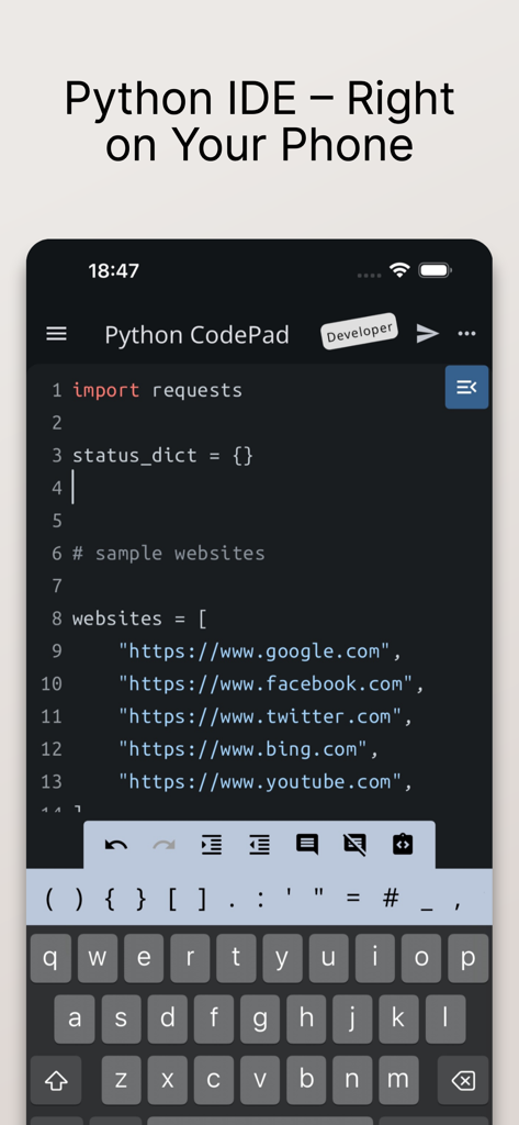 Python Coding Editor and IDE mobile interface showing code syntax highlighting and a specialized programming keyboard.