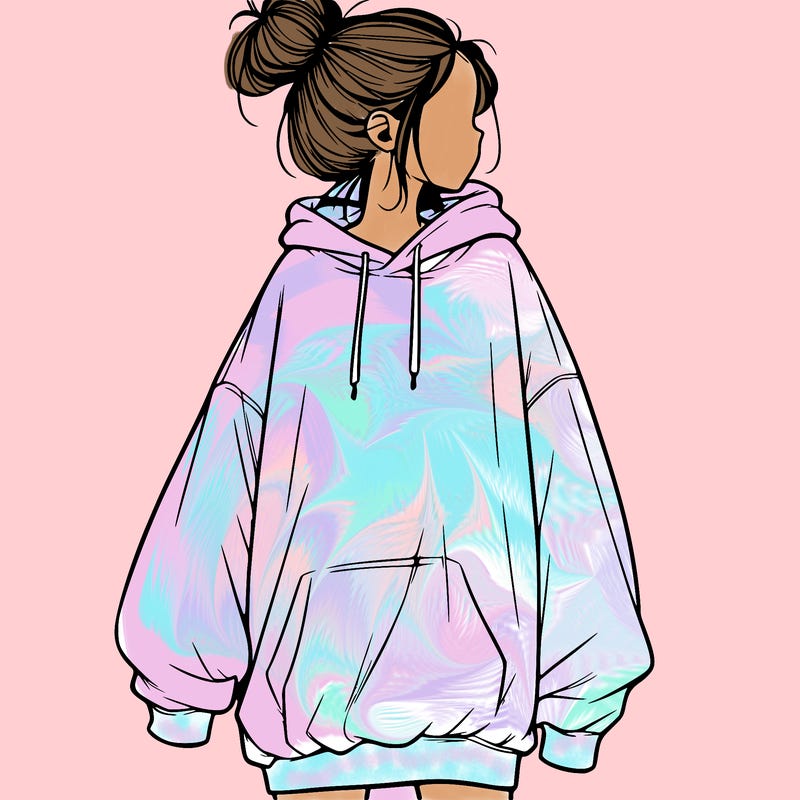 realistic girl with a oversized sweatshirt on and a bun