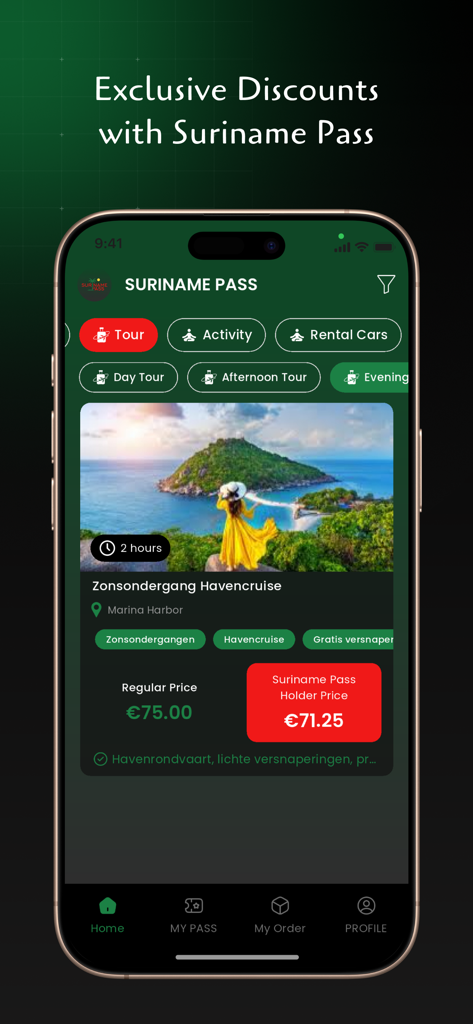 Suriname Pass - スリナムのサンセットハーバークルーズツアーの割引を表示するスリナムパスアプリのインターフェース。