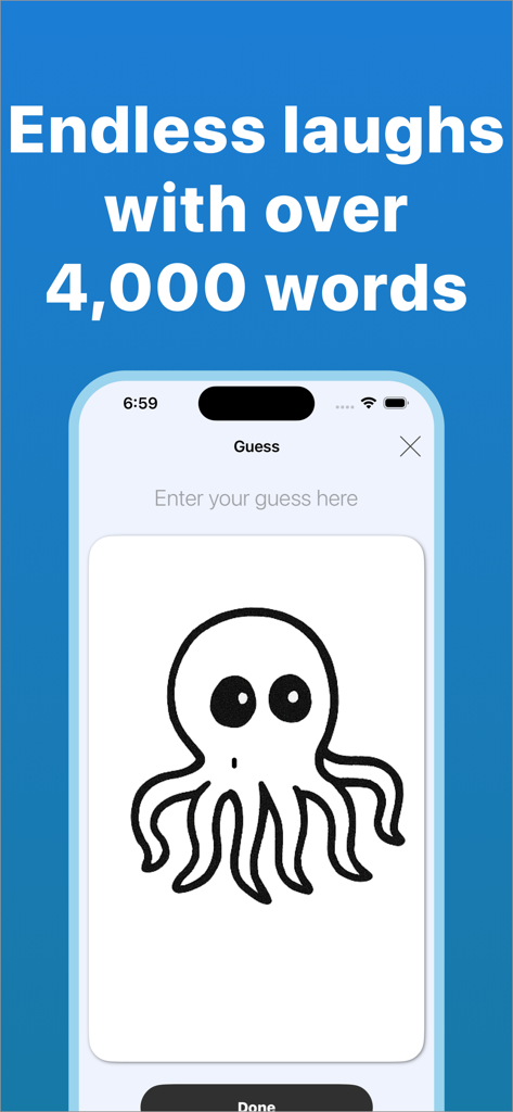 Drawing of an octopus on a mobile screen for a word guessing game.