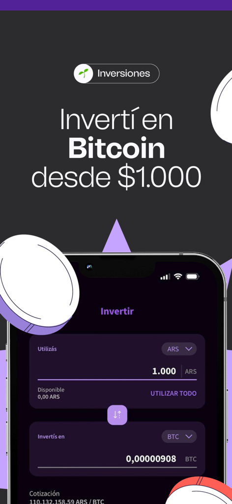 LB Finanzas: billetera virtual - Interfaz de la app móvil LB Finanzas mostrando a un usuario invirtiendo en Bitcoin con pesos argentinos