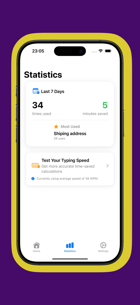 Panel que muestra estadísticas de escritura, incluidos minutos ahorrados y atajos más utilizados en la aplicación Expansor de Texto.