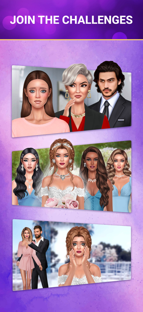 SUITSME: Dress Up Fashion Game - Three panels illustrating different fashion dress up challenges in the SUITSME app including wedding and formal themes