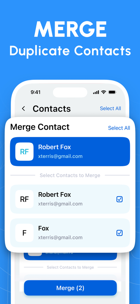 Cleanup - Storage Cleaner AI - Interface of the Cleanup app showing the merge duplicate contacts feature for iPhone