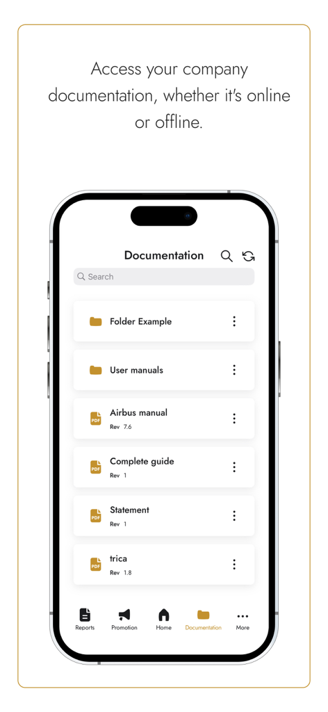 ICARUS SMS mobile app interface showing the documentation module with aviation manuals and offline access capability.